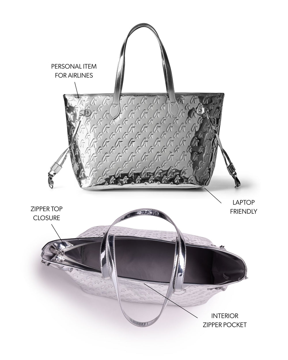 Metallic Vegan Leather Laptop Tote - Silver