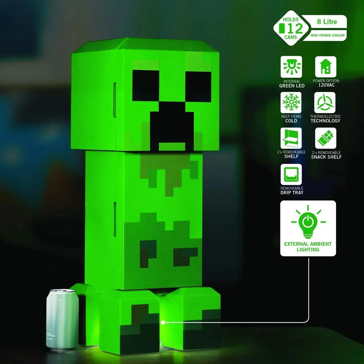 Minecraft Creeper 2 Door Mini Fridge, 8L, Green, 25.2 in H x 9.5 in W x 9.1 in D