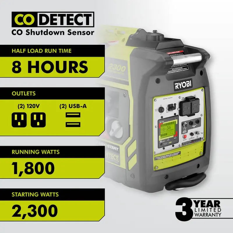 RYOBI 2,300-Watt Gasoline Digital Inverter Generator With Bluetooth And CO Shutdown Sensor - RYi2322