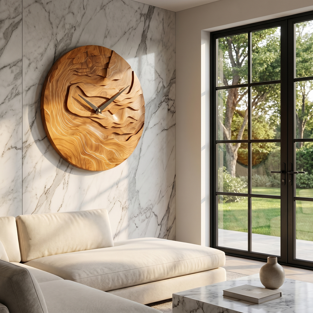 Rustic Wood Wall Clock with Hand Carved Organic Pattern for Living Room - view 2
