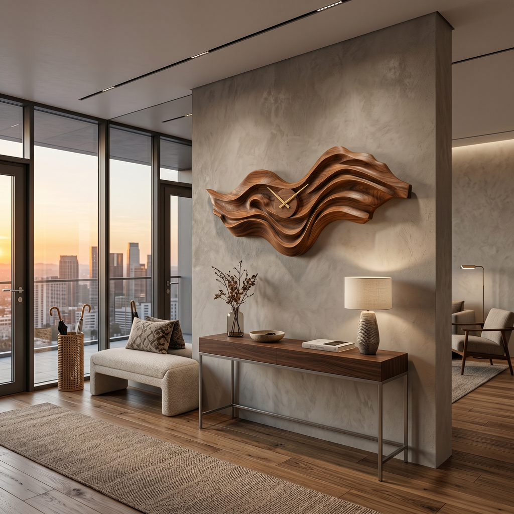 Organic Wood Wall Clock with Wave Sculpture for Living Interior - view 2