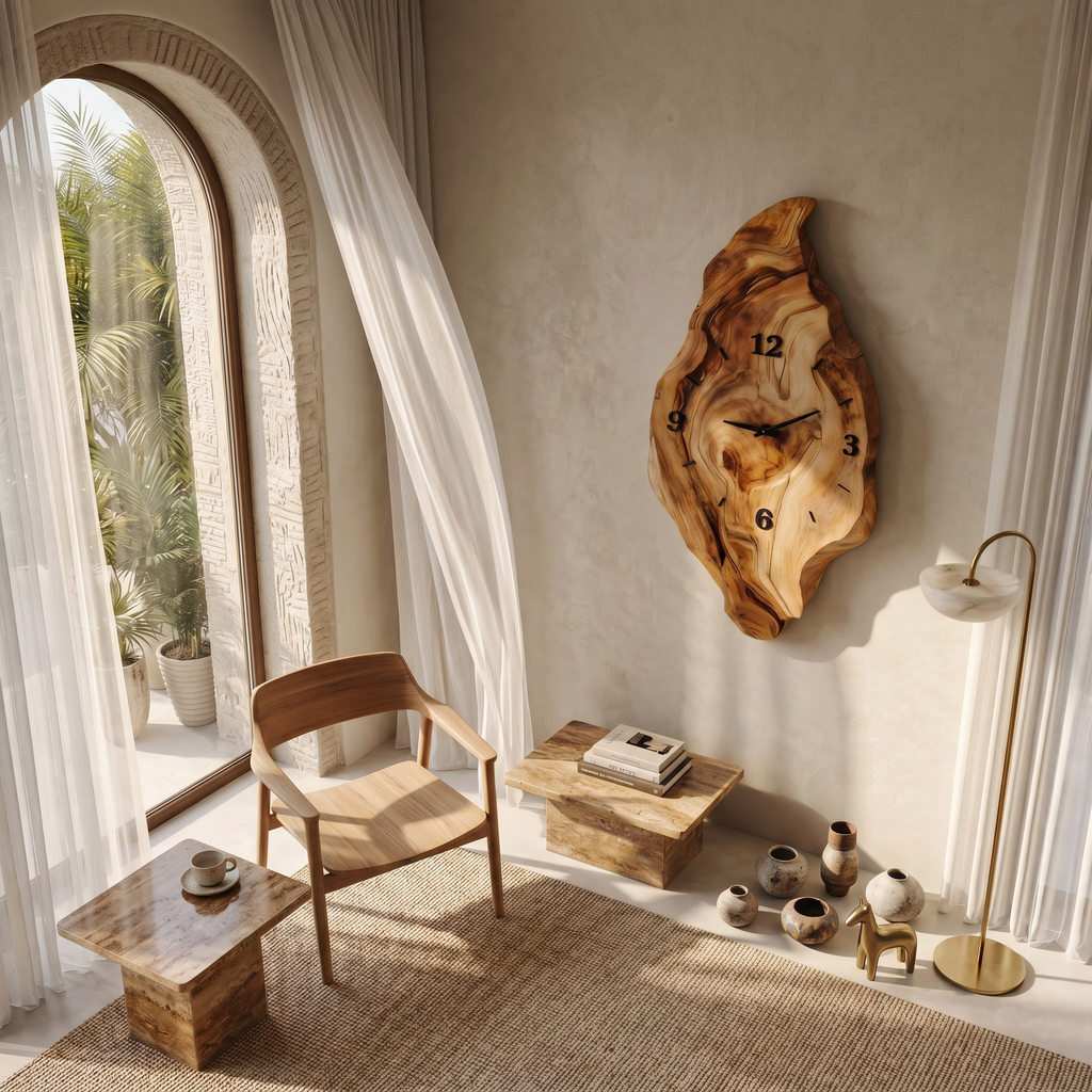 Rustic Wall Clock with Live Edge Design, Handcrafted Organic Solid Wood Silent Round - view 2