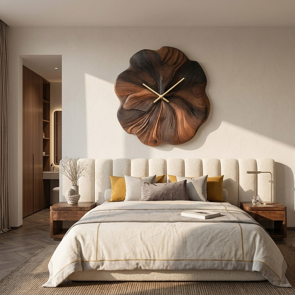 Contemporary Floral Wooden Wall Clock, Handcrafted Flower Shape Solid Wood Timepiece - view 5