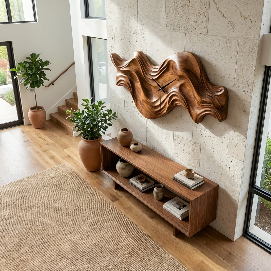 Modern Wooden Wall Clock, Organic Wave Solid Wood Hanging Art Timepiece - view 3