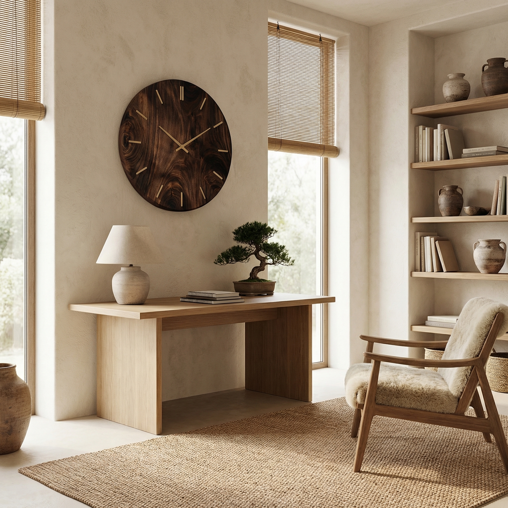 Modern Round Solid Wood Wall Clock Natural Wood Living Room - view 4