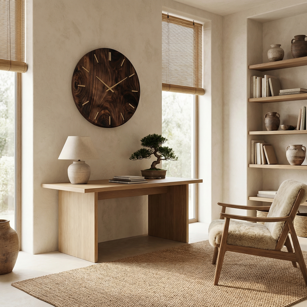 Modern Round Solid Wood Wall Clock Natural Wood Living Room - view 4