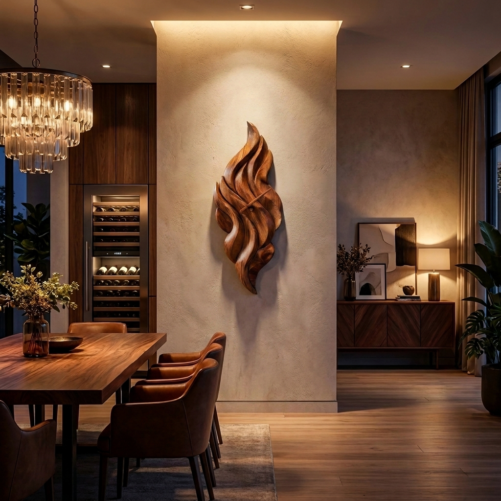 Modern Wooden Wall Clock with Sculptural Wave Carving - view 2