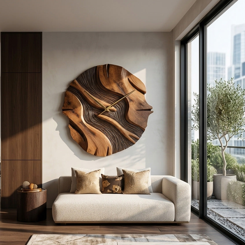 Organic Sculptural Wooden Wall Clock, Modern Abstract Hand-Carved Wood Clock - view 2