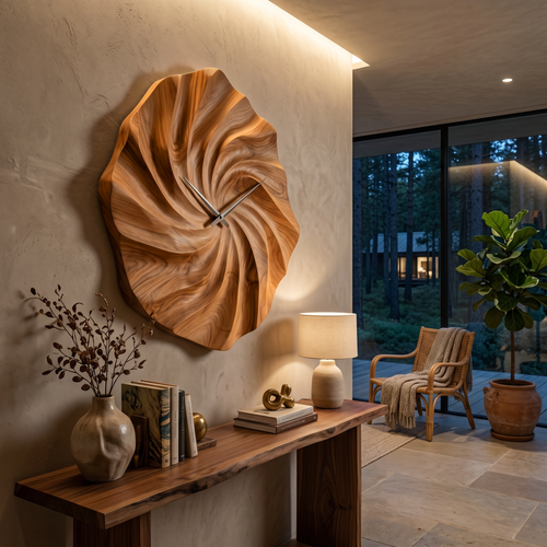 Artistic Wooden Wall Clock, Hand-Carved Ocean Wave 3D Wood Clock - view 2