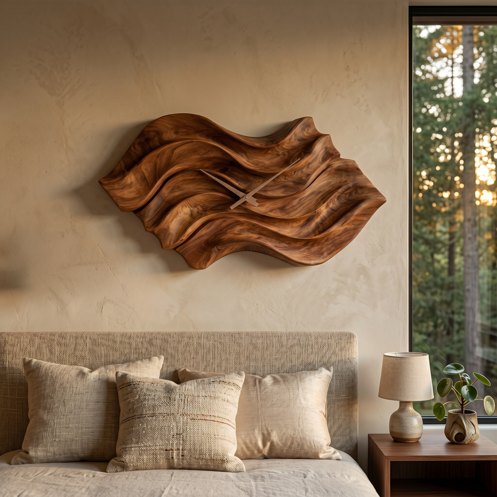 Modern Wooden Wall Clock, Organic Wavy Shape Solid Wood Quiet Timepiece - view 2