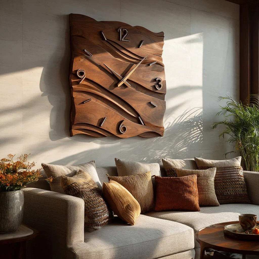 Organic Modern Wood Wave Wall Clock, Handcrafted Solid Wooden Wavy Artistic - view 2