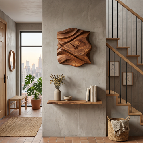 Contemporary Wooden Wall Clock, Hand-Carved Abstract Wave Wood Accent Clock - view 2