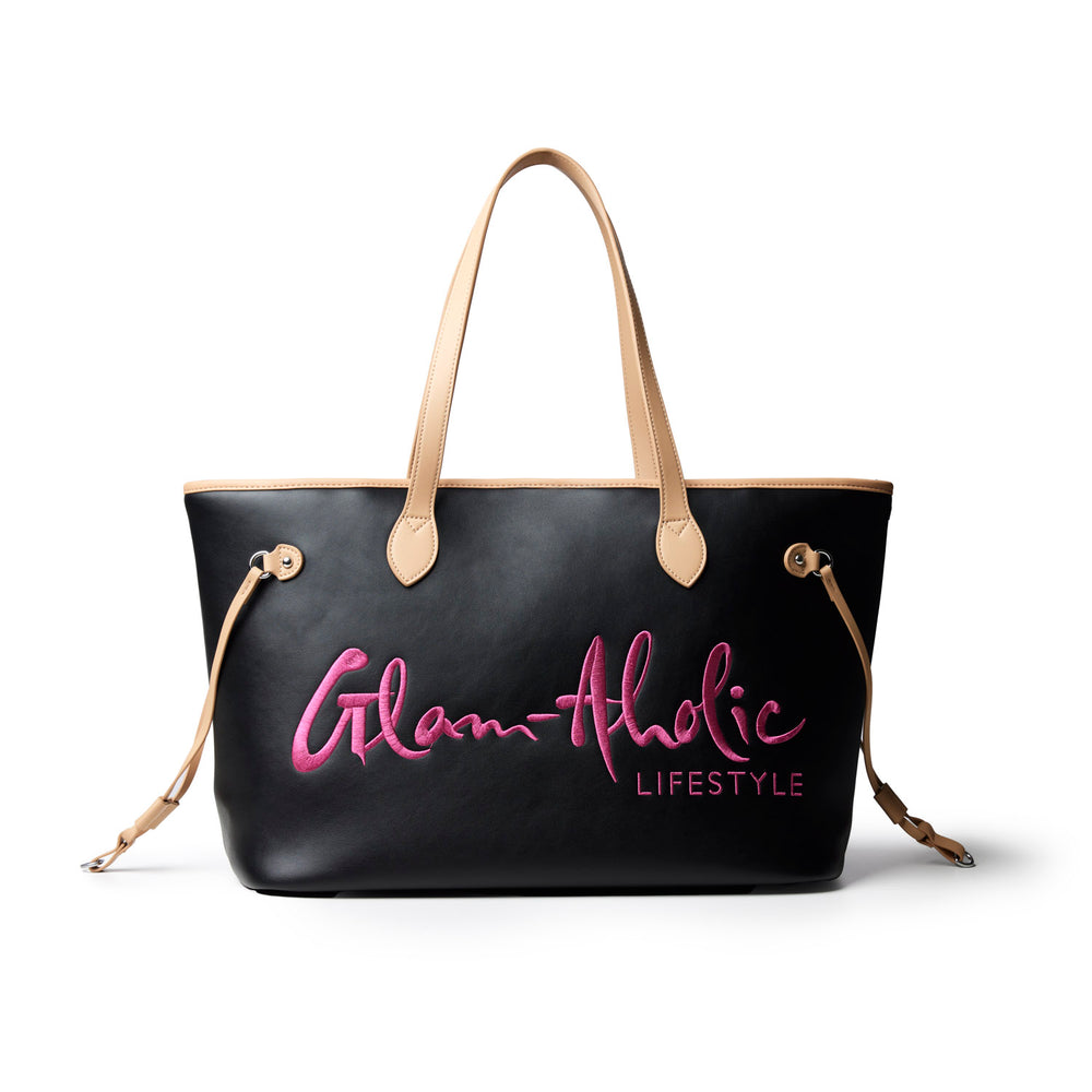 Vegan Leather Laptop Tote With Pouch - Black Pink