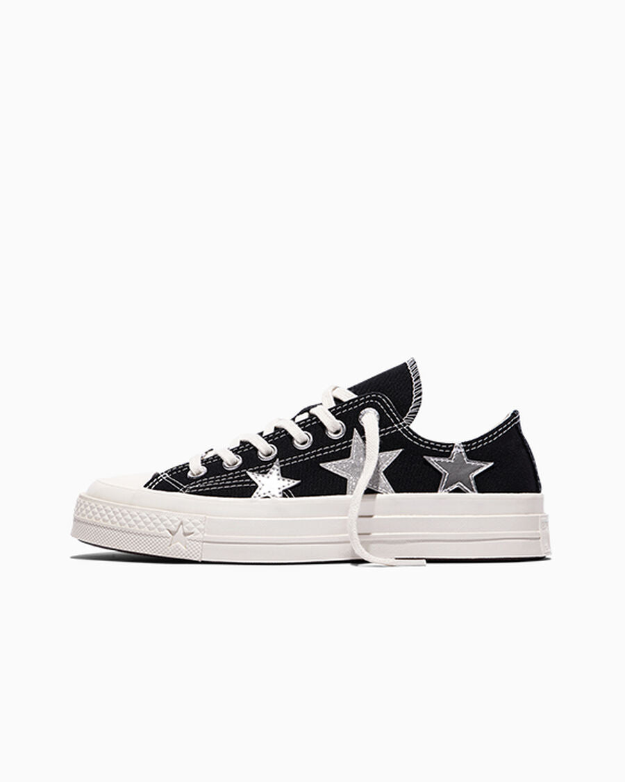 Canvas Low Top Sneaker With Silver Stars - Black/Dull Silver/Egret