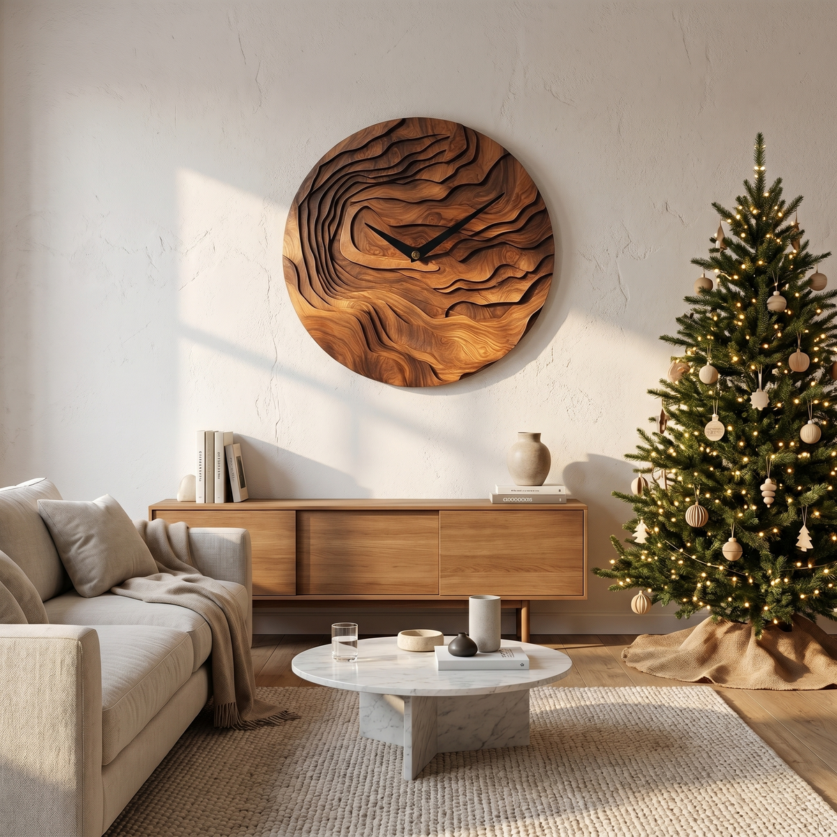 Rustic Wood Wall Clock with Hand Carved Organic Pattern for Living Room - view 3