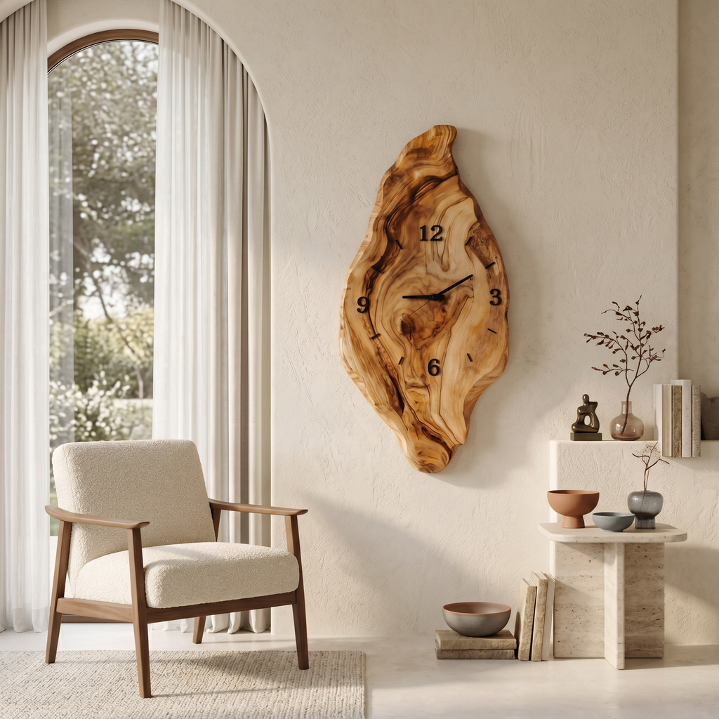 Rustic Wall Clock with Live Edge Design, Handcrafted Organic Solid Wood Silent Round - view 3
