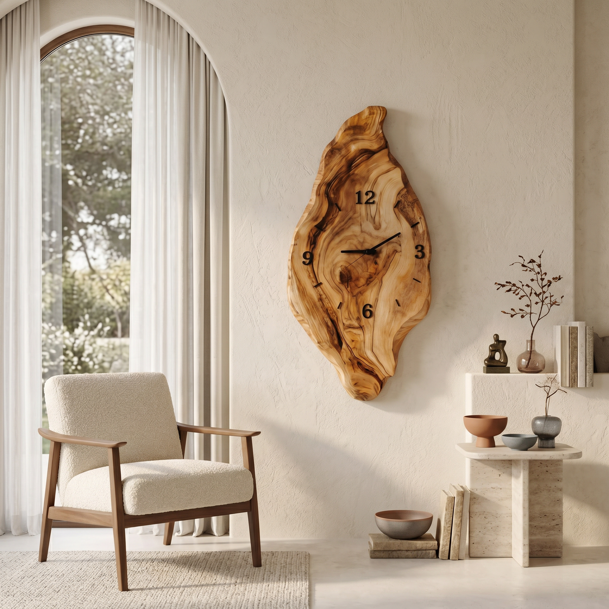 Rustic Wall Clock with Live Edge Design, Handcrafted Organic Solid Wood Silent Round - view 3