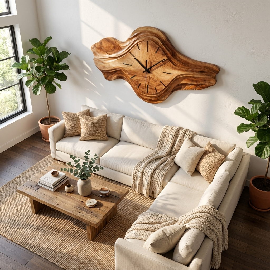 Organic Wooden Wall Clock, Sculptural Wave Design Wood Clock for Bedroom - view 3