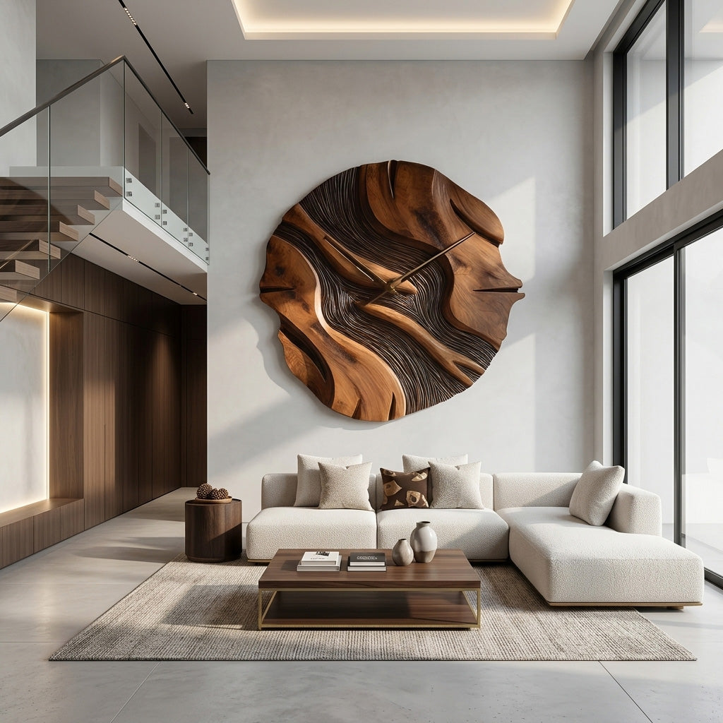 Organic Sculptural Wooden Wall Clock, Modern Abstract Hand-Carved Wood Clock - view 4