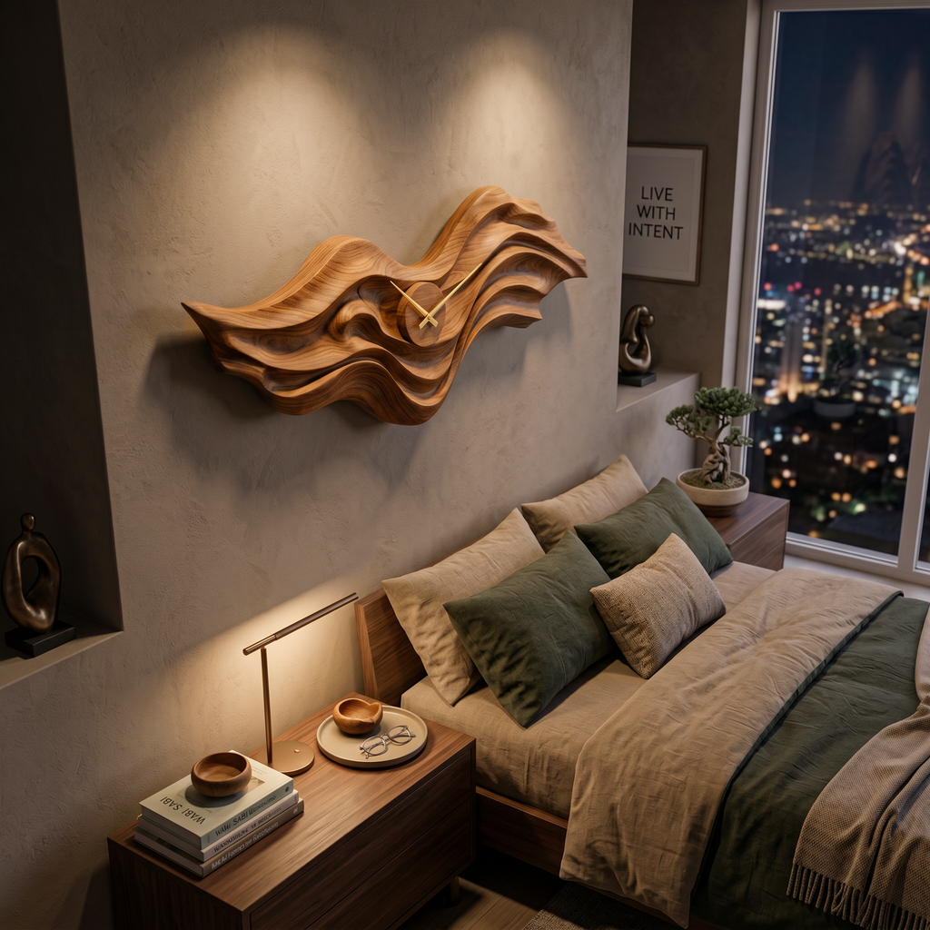 Organic Wood Wall Clock with Wave Sculpture for Living Interior - view 3