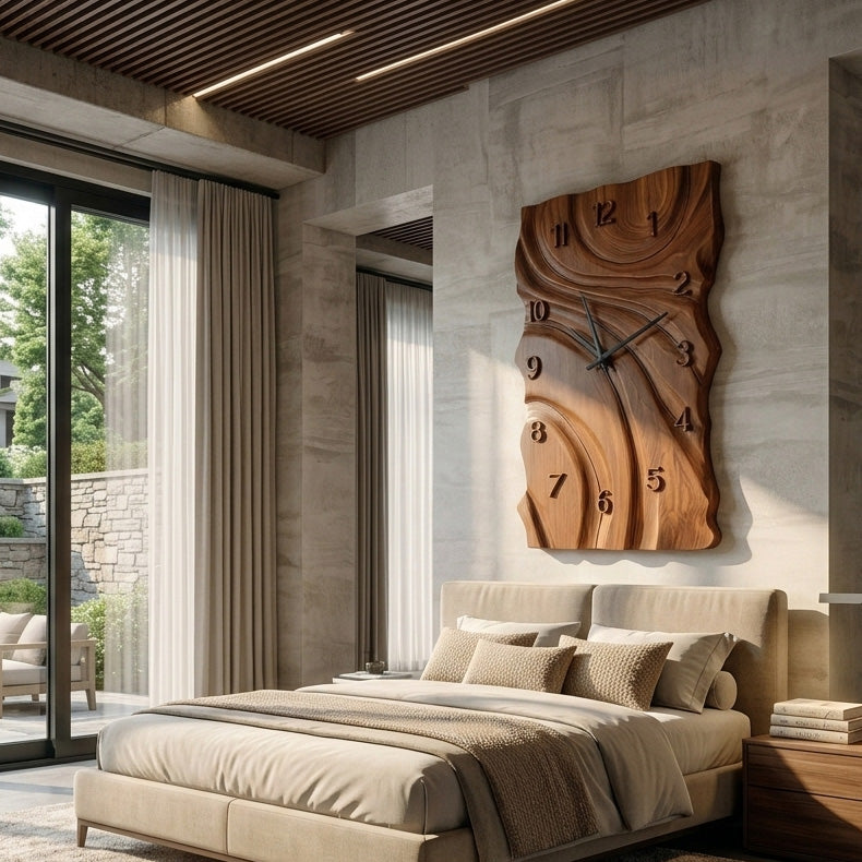 Rustic Wooden Wall Clock, Hand-Carved Abstract Geometric Design Wood Clock - view 3