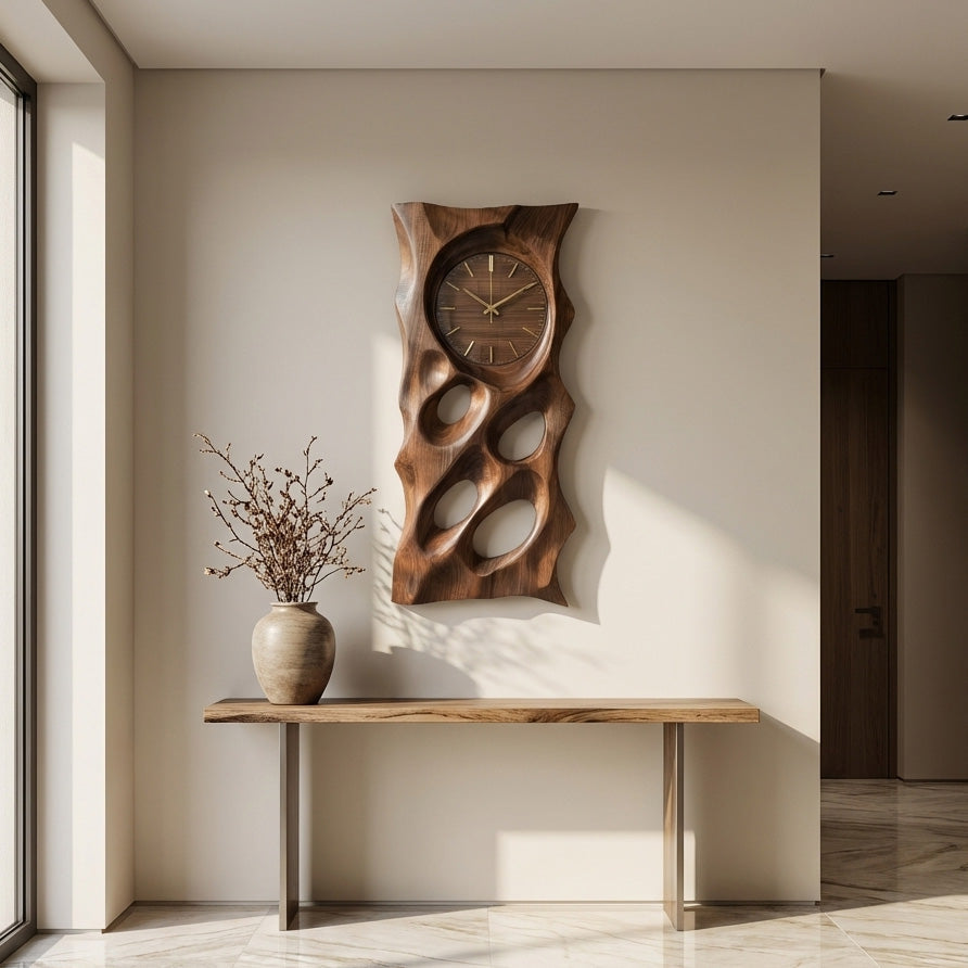 Modern Organic Wooden Wall Clock, 3D Hand-Carved Hollow Wood Hanging Clock - view 3