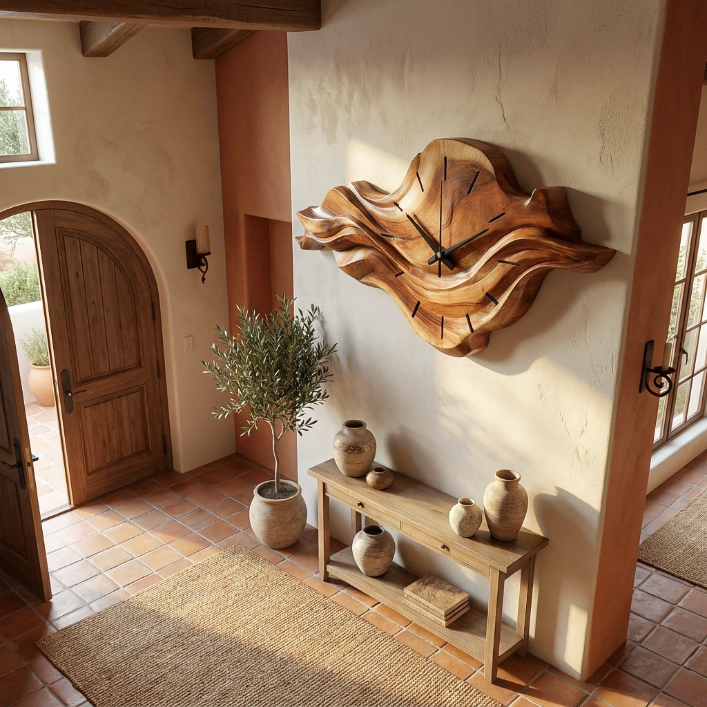 Contemporary Wooden Wall Clock with Unique Wave Sculpture for Home - view 3