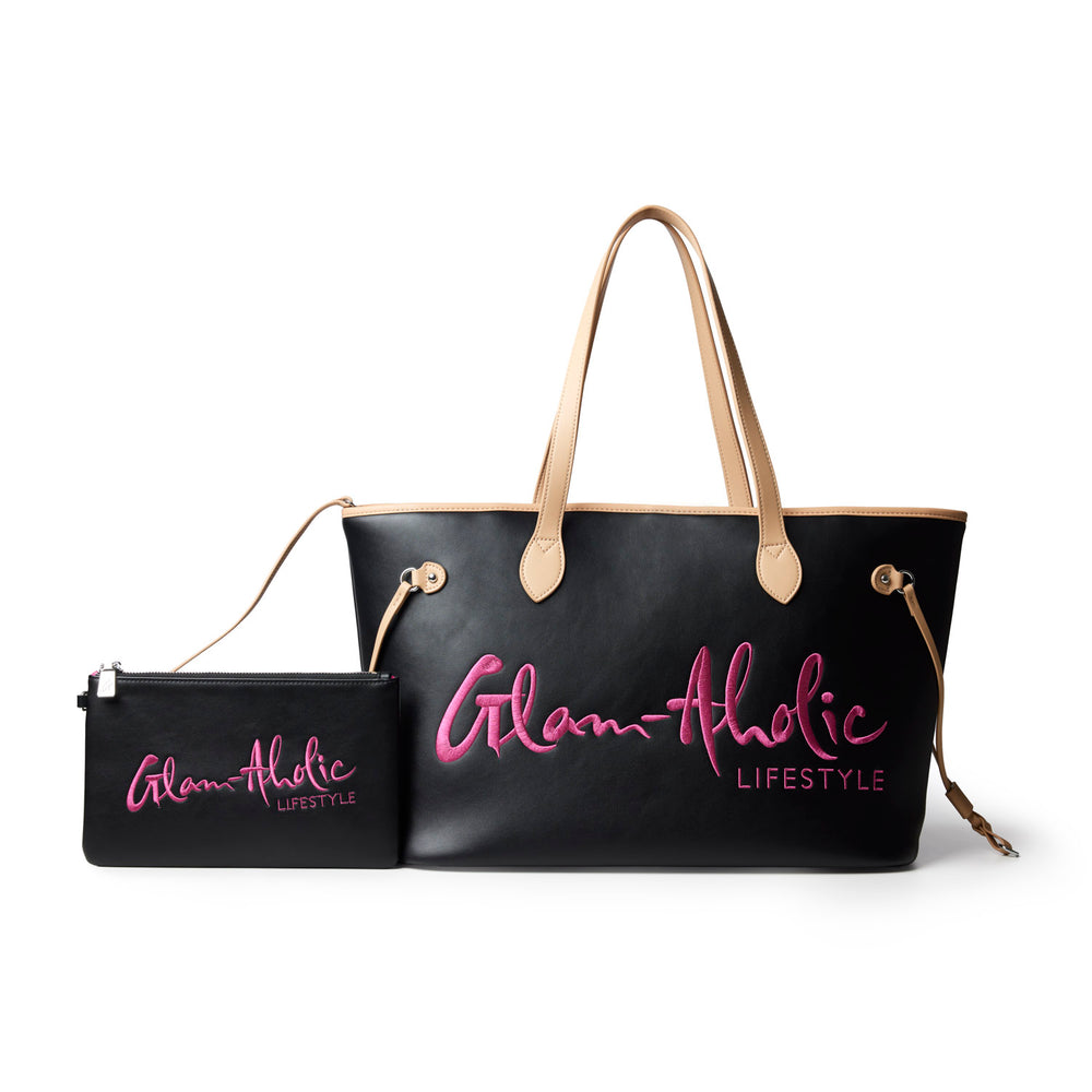 Vegan Leather Laptop Tote With Pouch - Black Pink