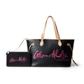 Vegan Leather Laptop Tote With Pouch - Black Pink
