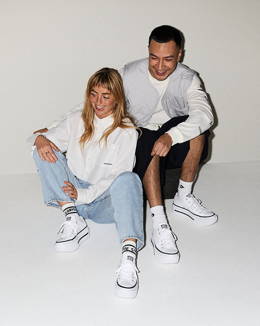 Double-Stack Canvas Platform Low Top Sneaker - White/Black/White