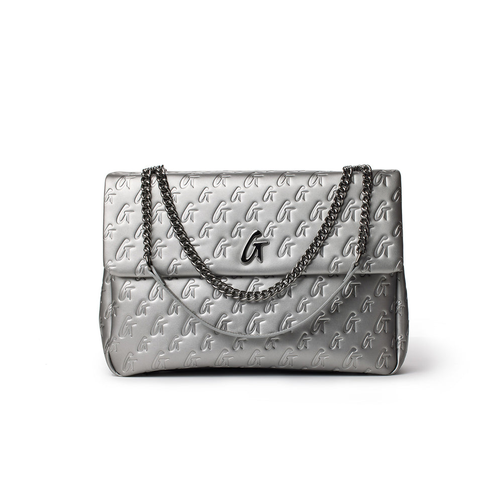 Large Vegan Leather Flap Bag - Platinum