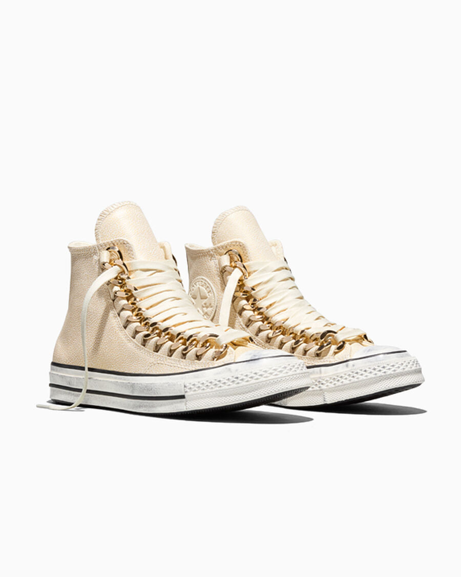 Leather High-Top Sneaker With Chain Detail - Egret/Egret/Black