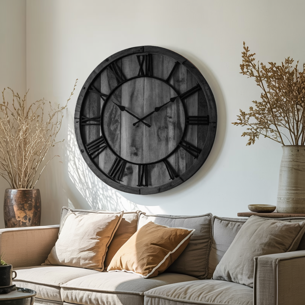 Oversized Rustic Wall Clock with Roman Numerals, Large Farmhouse Wooden Clock - view 4