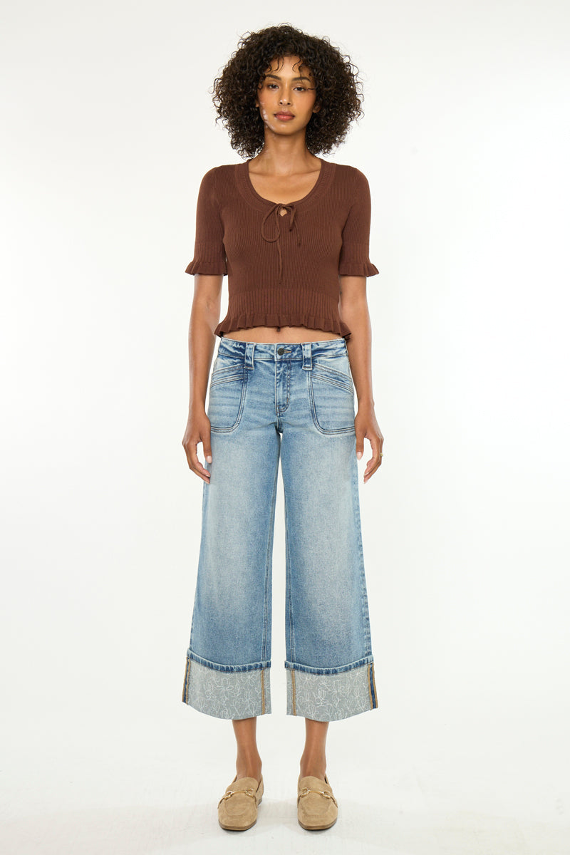 Women's Mid Rise Cropped Wide Leg Jeans - Anley