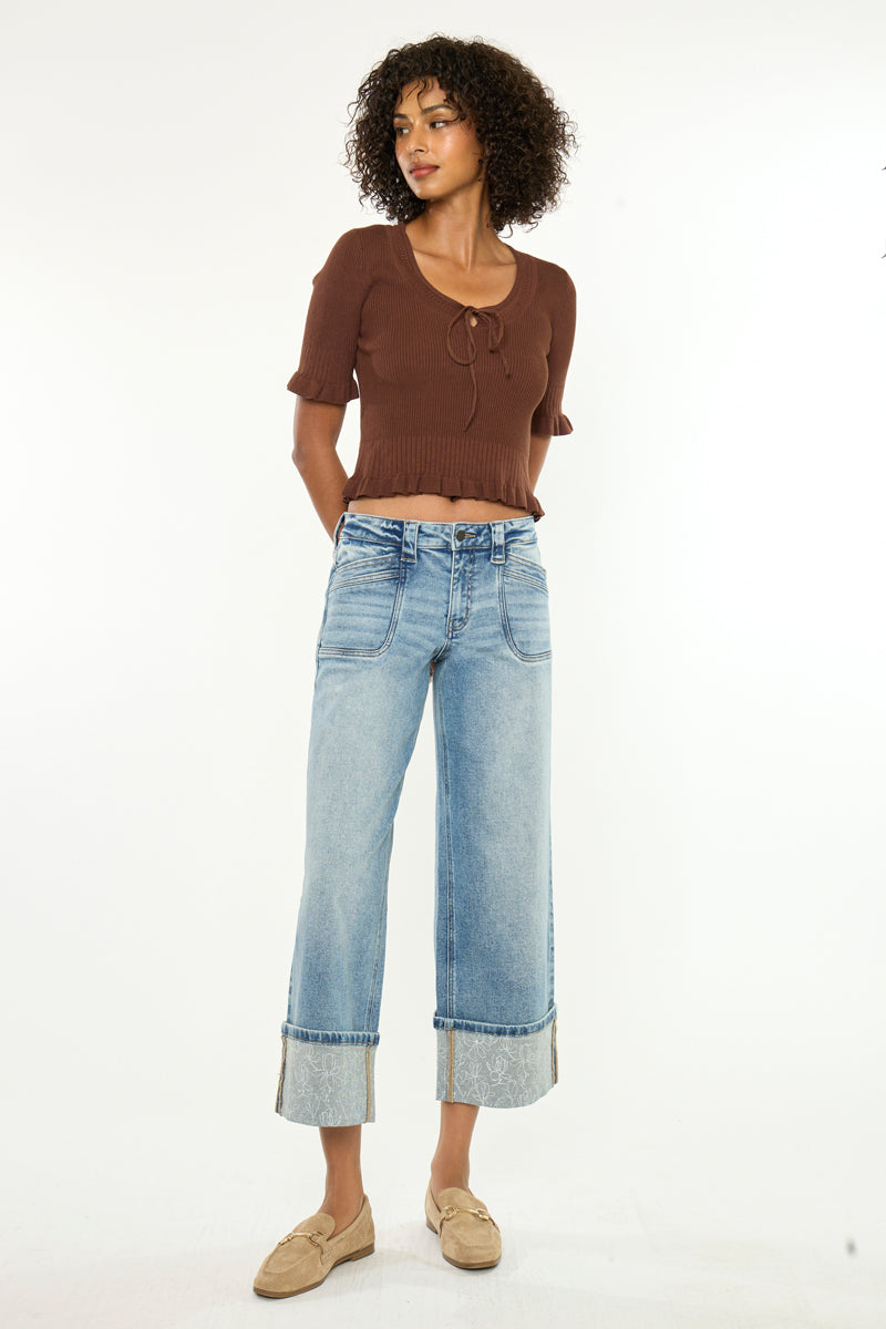 Women's Mid Rise Cropped Wide Leg Jeans - Anley