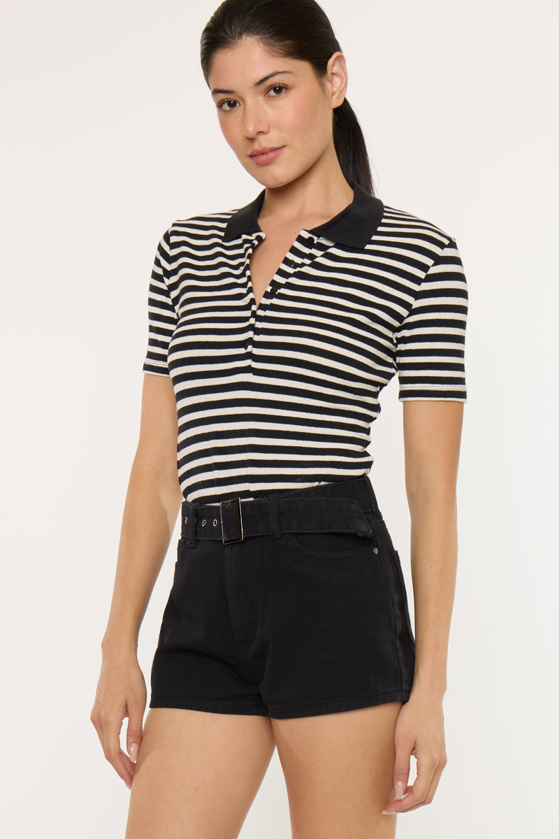 Women's High Rise Belted Denim Shorts - Abby