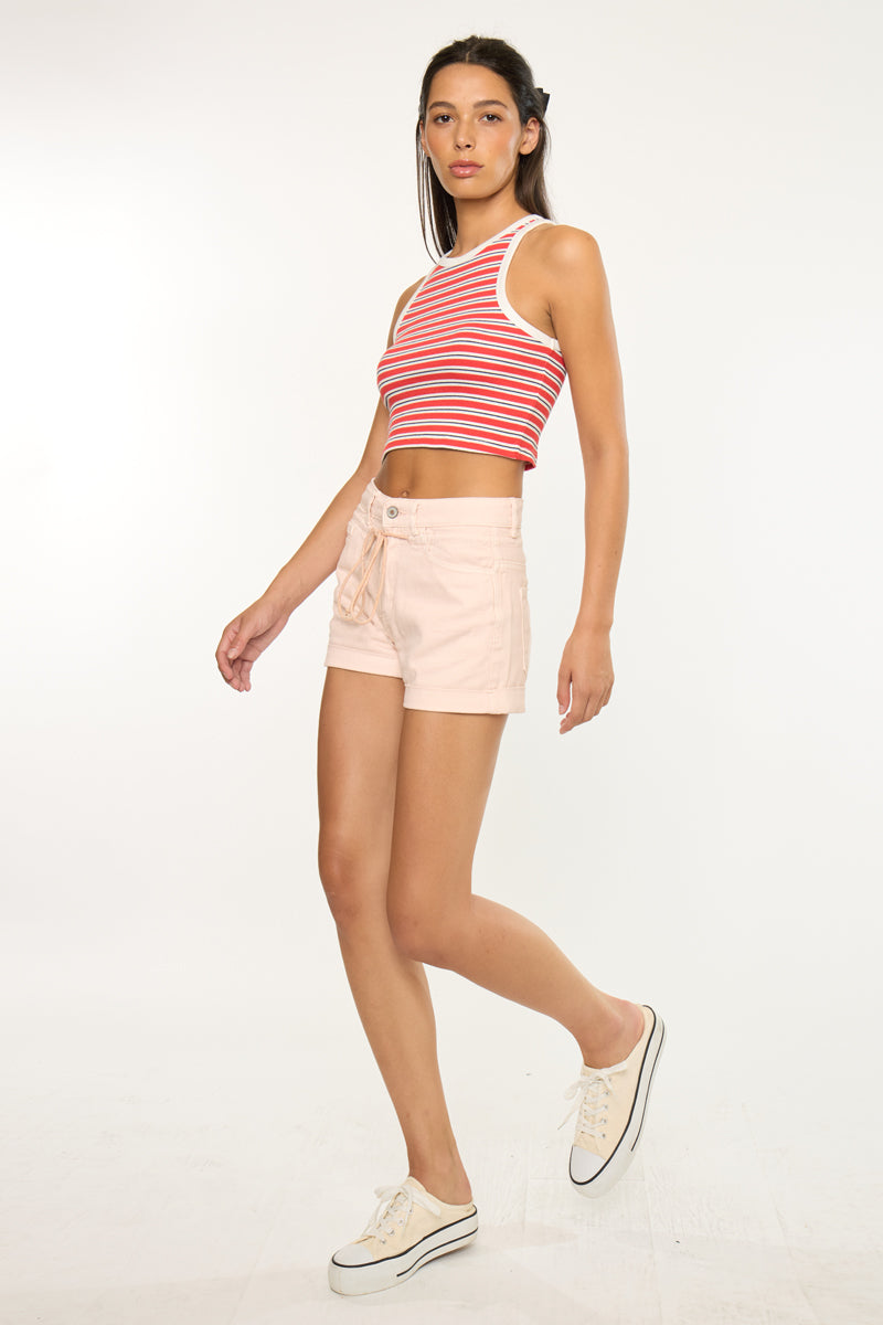 Women's High Rise Draw String Denim Shorts - Azalea