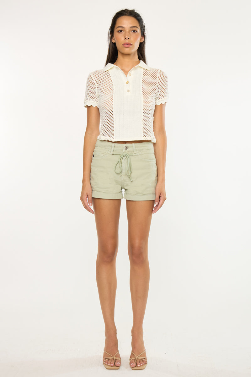Women's High Rise Draw String Denim Shorts - Azalea