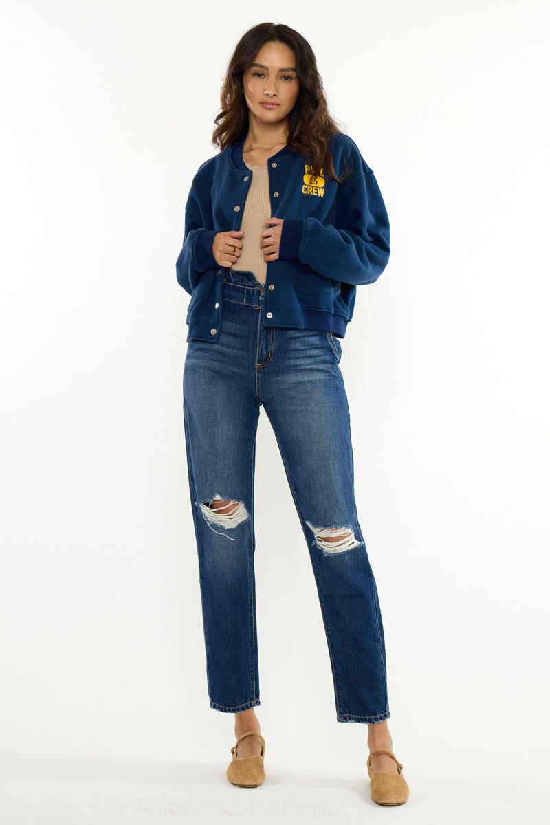 Women's Ultra High Rise Belted Mom Jeans - Blossom
