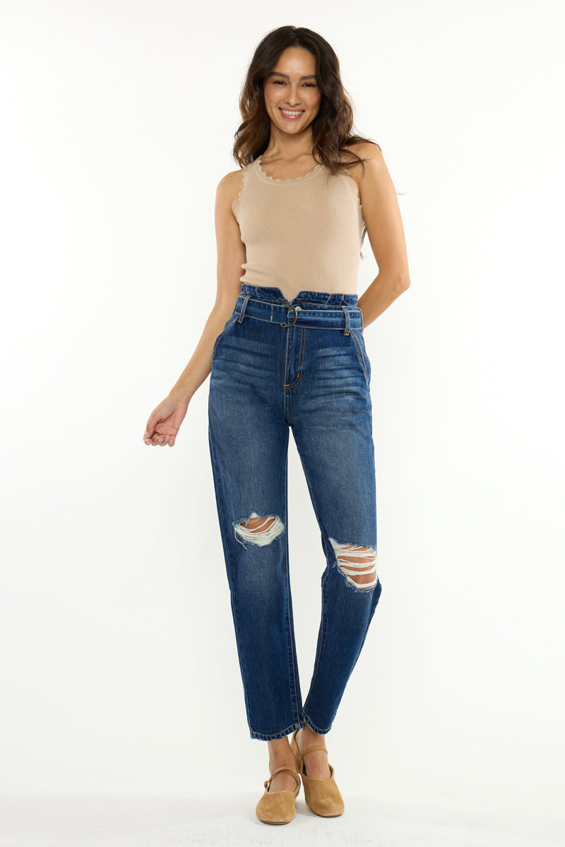 Women's Ultra High Rise Belted Mom Jeans - Blossom