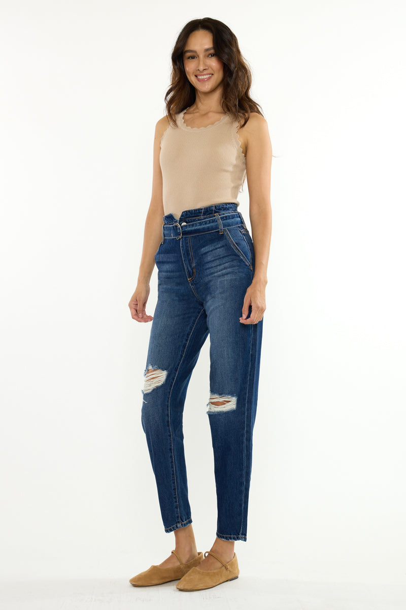 Women's Ultra High Rise Belted Mom Jeans - Blossom