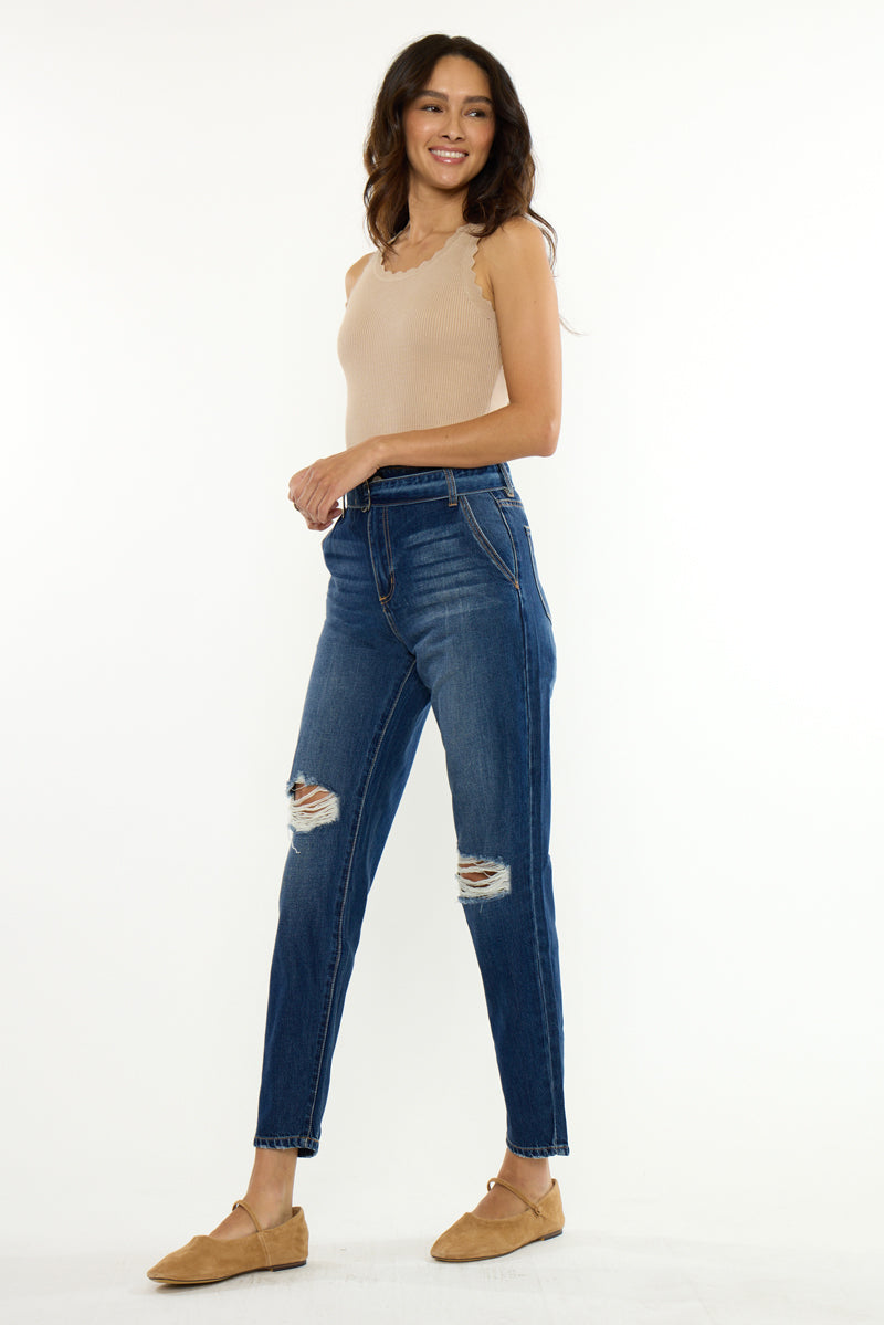 Women's Ultra High Rise Belted Mom Jeans - Blossom
