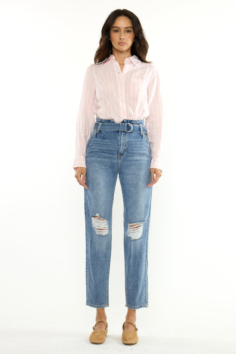 Women's Ultra High Rise Belted Mom Jeans - Blossom
