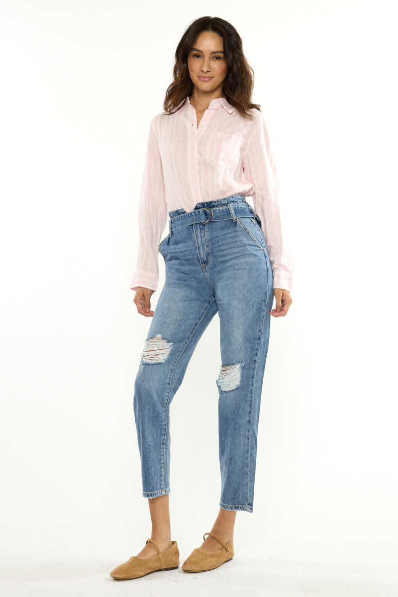 Women's Ultra High Rise Belted Mom Jeans - Blossom