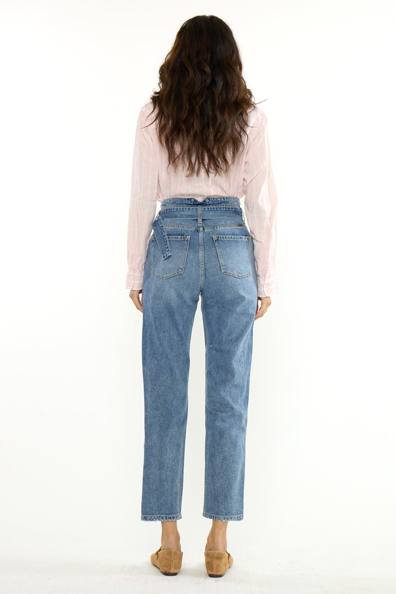 Women's Ultra High Rise Belted Mom Jeans - Blossom