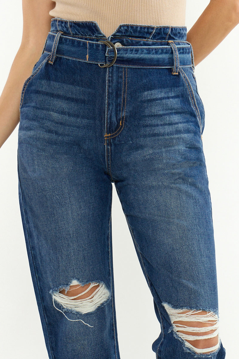Women's Ultra High Rise Belted Mom Jeans - Blossom