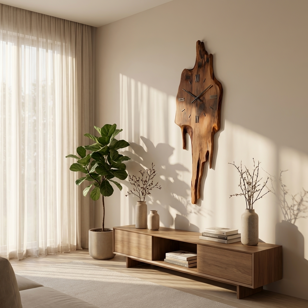 Artistic Wall Clock with Floating Edge, Handcrafted Solid Wood Abstract Hanging - view 3