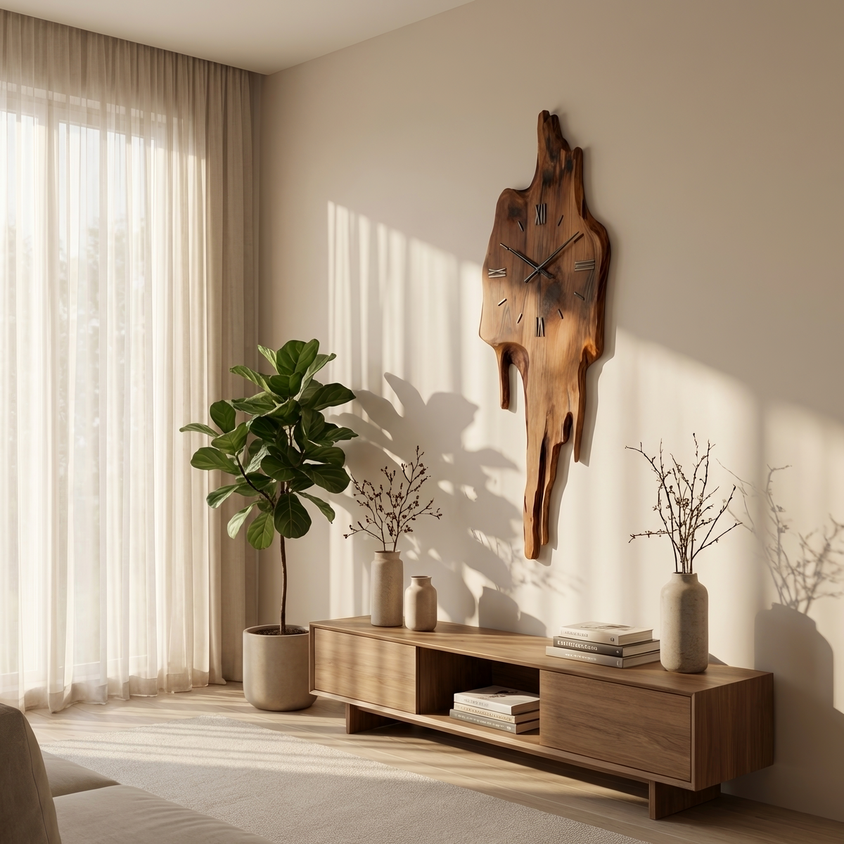 Artistic Wall Clock with Floating Edge, Handcrafted Solid Wood Abstract Hanging - view 3