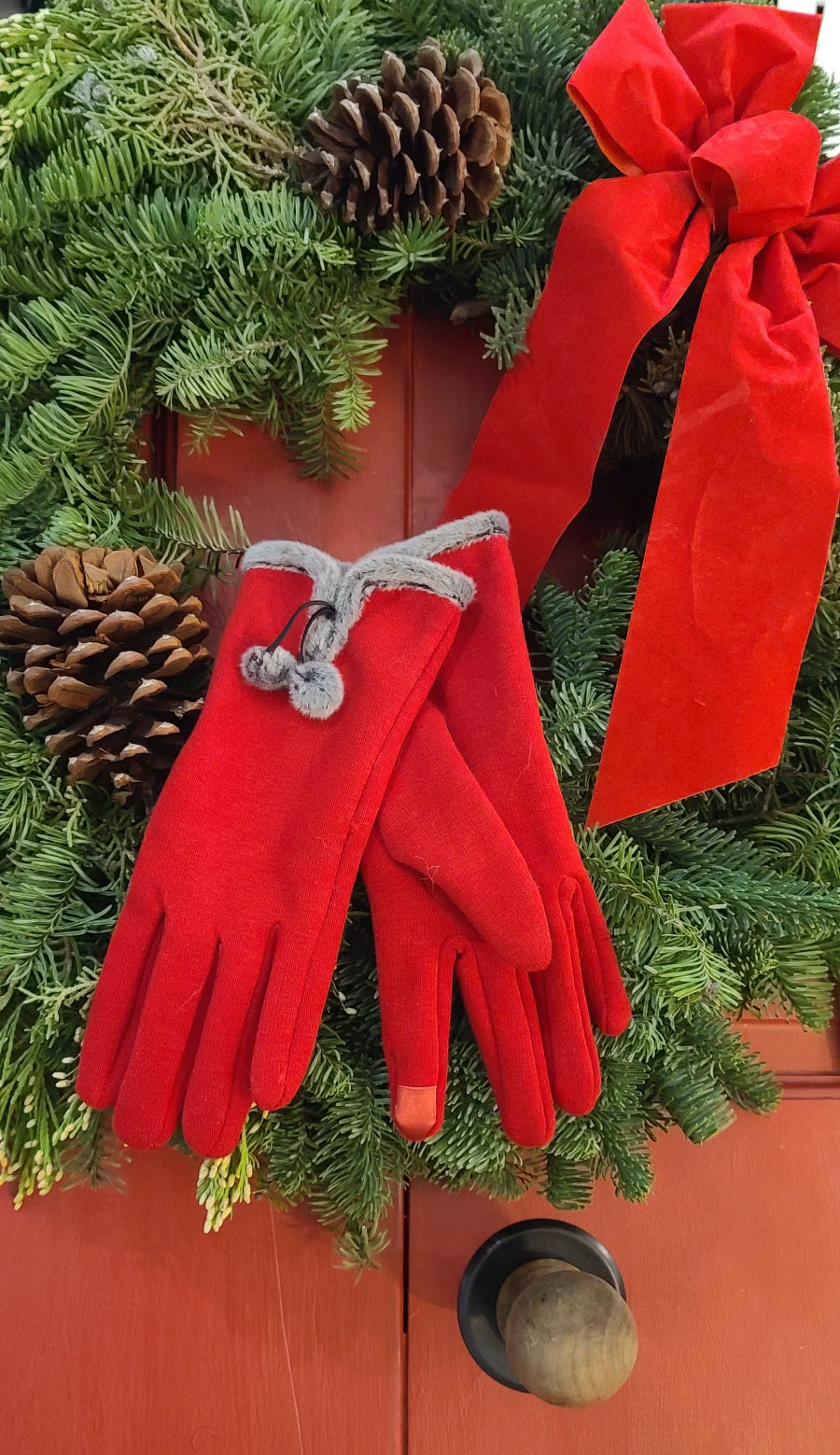 Red Ladies Gloves with Faux Fur Trim