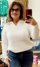 Load image into Gallery viewer, MELANGE COLLARD V-NECK BASIC WHITE SWEATER
